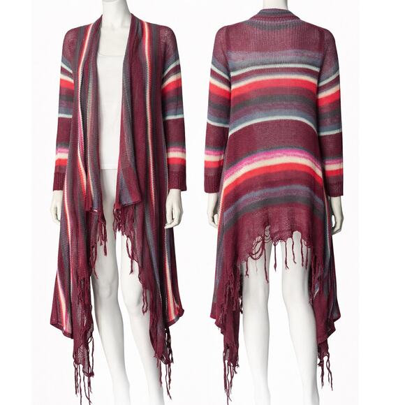 Billabong Sweaters - Billabong Striped Open Knit Cardigan Fringe Hem Boho Coverup Asymmetrical Large